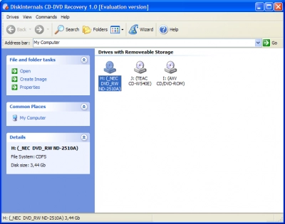 DiskInternals CD-DVD Recovery Select drives to search for deleted files in